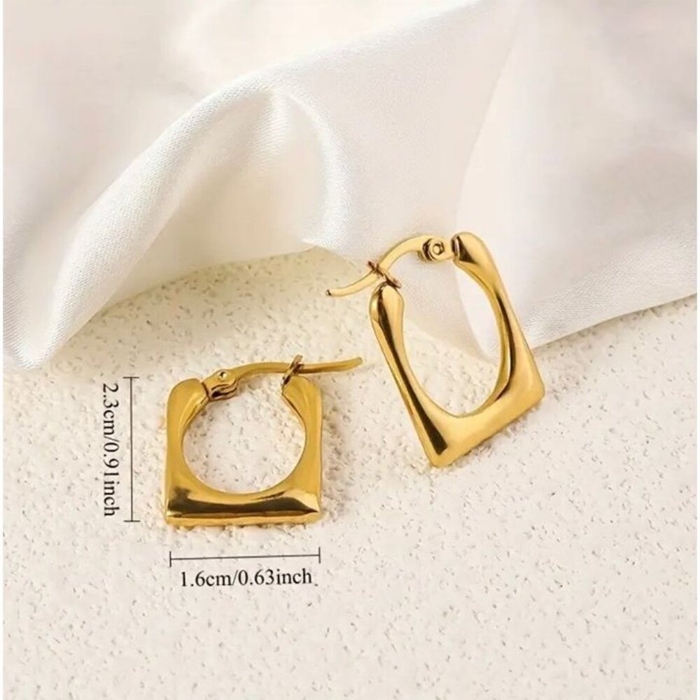 14K Gold Plated Square Hoop Earrings Geometric Chunky Modern Minimalist - Picture 3 of 4